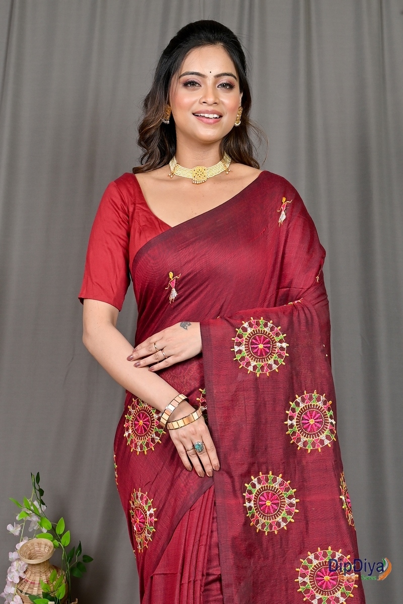 Marun Pure Cotton Parama Embroidery Handloom saree (288)